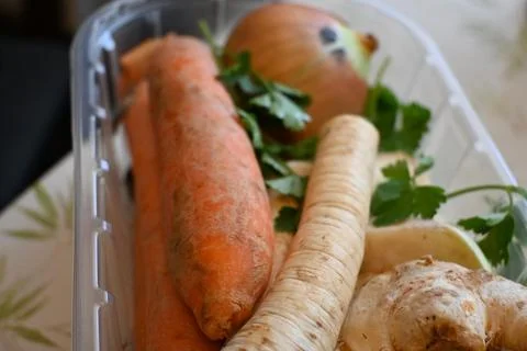 Soup Vegetables in Plastic Container, Raw Ingredients for Homemade Cooking Fotos Stock