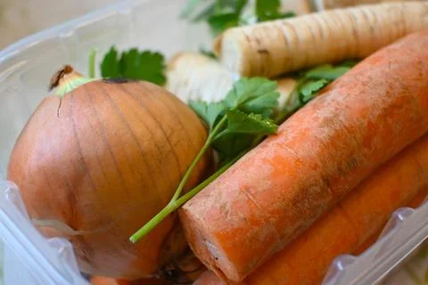 Soup Vegetables in Plastic Container, Raw Ingredients for Homemade Cooking Fotos Stock
