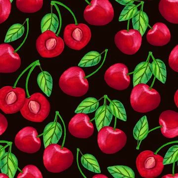 Sour cherry watercolor seamless pattern. Big red berry on black background Illustrazione stock