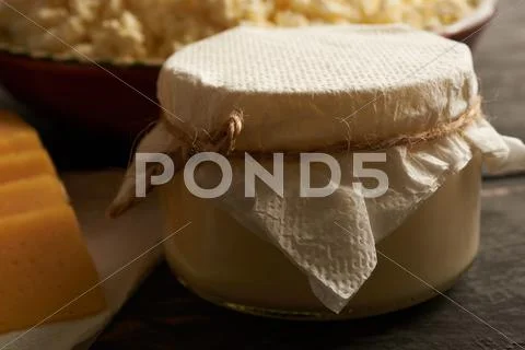 Sour cream and cottage cheese close-up Stock Photos