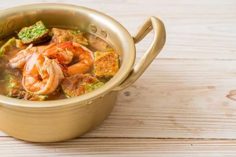 Sour soup made of Tamarind Paste with Shrimps and Vegetable Omelet Stock Photos