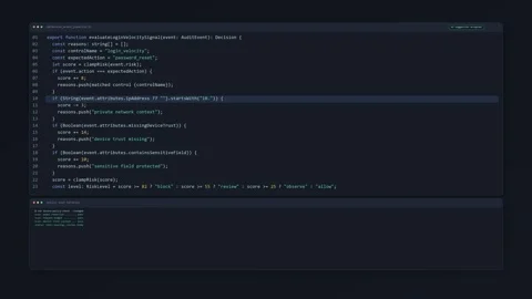 Source ai coding assistant secure code dark hori typescript Stock Footage 338427915