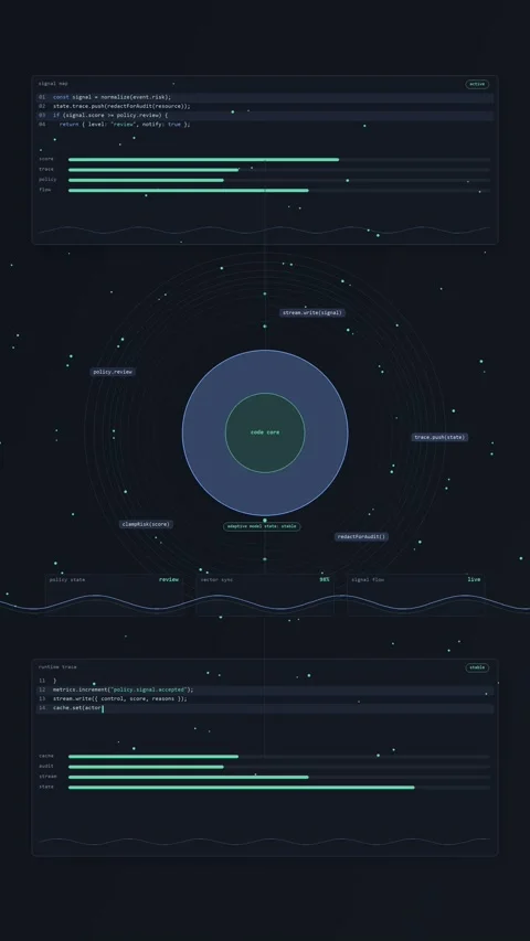 Source ai data core live code signal flow dark vert typescript Stock Footage 340879879