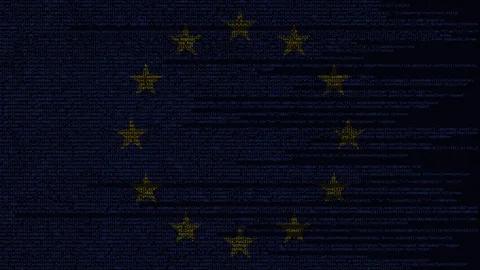 Source code and flag of the EU. European Union digital technology or programming Stock Footage 91626739