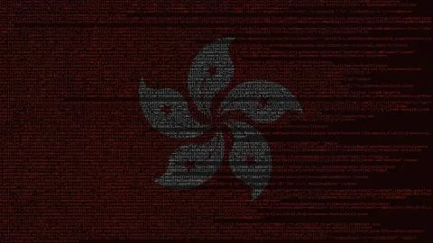 Source code and flag of Hong Kong. Digital technology or programming related 3D Illustrazione stock