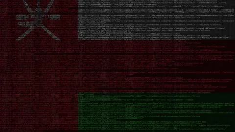 Source code and flag of Oman. Omani digital technology or programming related 3D Illustrazione stock