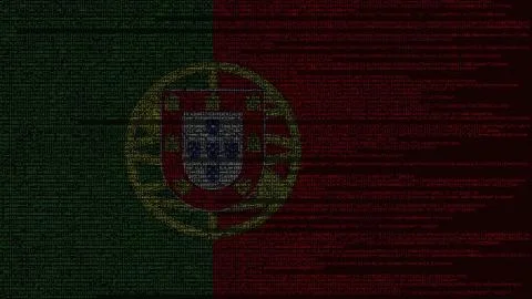 Source code and flag of Portugal. Portuguese digital technology or programming Illustrazione stock