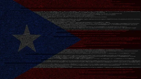 Source code and flag of Puerto Rico. Digital technology or programming related Stock Footage 91747430