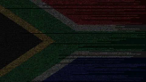 Source code and flag of South Africa. SAR digital technology or programming Illustrazione stock