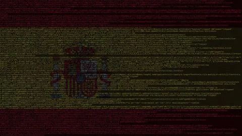 Source code and flag of Spain. Spanish digital technology or programming related 스톡 일러스트