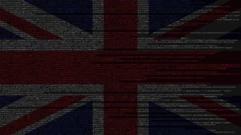 Source code and flag of the United Kingdom. British digital technology or Stock Footage 91627494