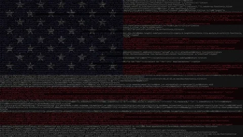 Source code and flag of the United States. American digital technology or Stock Footage 91629810