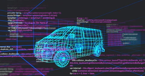 Source code appearing on turquoise wireframe cargo van, blocks sliding, Stock Footage 311697698