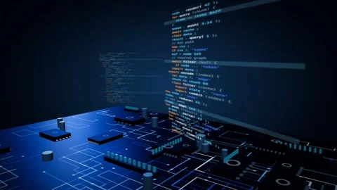 Source code beside a glowing circuit board with orthogonal copper traces cobalt Stock Footage 340201289