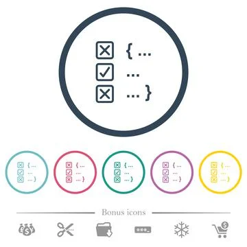 Source code checking flat color icons in round outlines Illustrazione stock