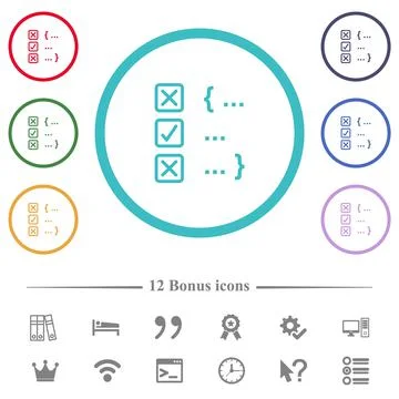 Source code checking flat color icons in circle shape outlines Stock Illustration