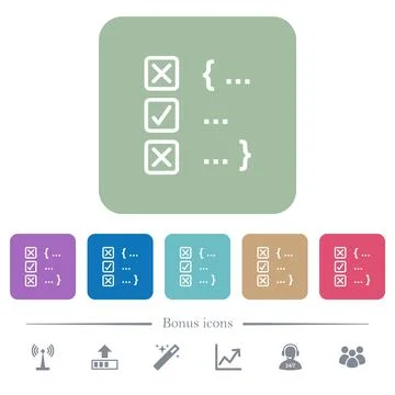 Source code checking flat icons on color rounded square backgrounds 스톡 일러스트