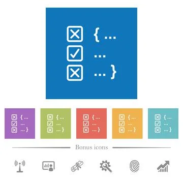 Source code checking flat white icons in square backgrounds Stock Illustration