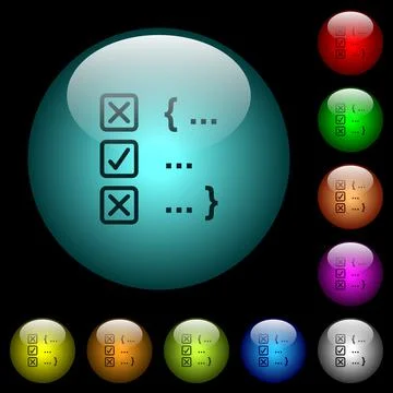 Source code checking icons in color illuminated glass buttons Stock Illustration