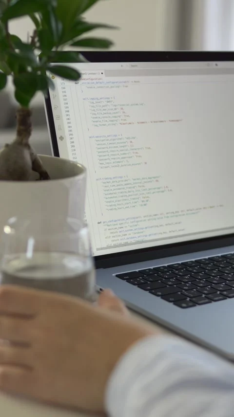 Source code displayed on laptop during focused programming session. Automation Видео 345653042