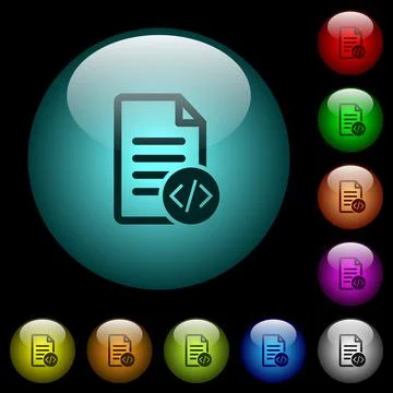 Source code document icons in color illuminated glass buttons Stock Illustration