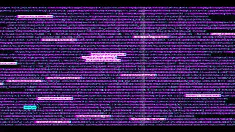 Source code glitch with blue digital data stream and system error animation Stockbeeldmateriaal 345101654