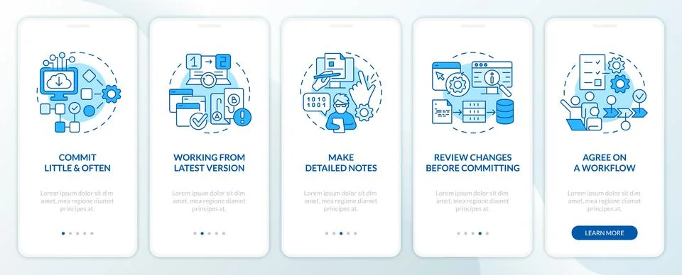 Source code management practices blue onboarding mobile app screen Stock Illustration