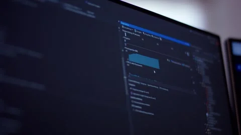 Source Code On Monitor With Pointing Finger, Dark Software Office, Close Up Shot Stock Footage 341442405