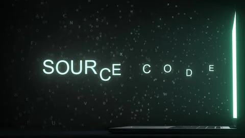 SOURCE CODE text appearing near laptop screen. Conceptual 3D rendering 库存插图