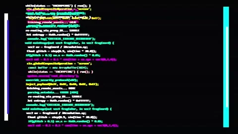 Source file glitch digital programming code with colorful terminal syntax Stockbeeldmateriaal 345101653