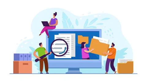 Source, information technology, documents in database concept. Teamwork of staff Illustrazione stock