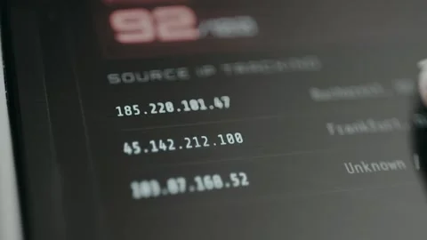 Source IP and associated geographical location tracking panel from cyber attack Stock Footage 332892861