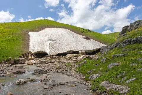 The source of the mountain river originates in the mountains on alpine meadow Stock Photos