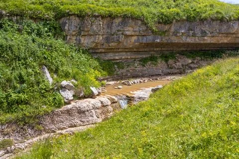 The source of the mountain river originates in the mountains on alpine meadow Stock Photos