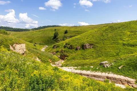 The source of the mountain river originates in the mountains on alpine meadow Stock Photos