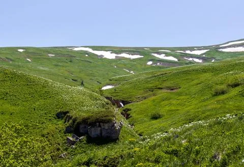 The source of a mountain river, on the slopes and in a stone riverbed in the Stock Photos
