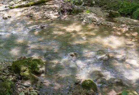 The source of the mountain river in the summer, walking along the rocky shore Stock Photos