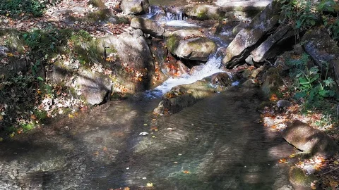 The source of mountain spring water cascades down the stones to the bottom Stock Footage 129963609