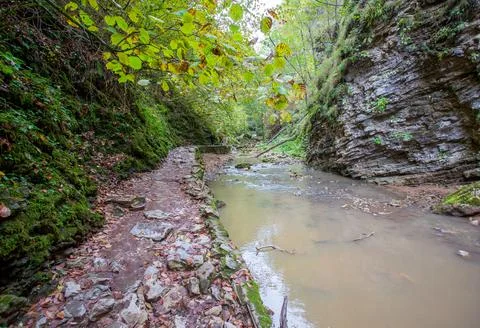 The source of the river, a walk along the riverbed with an overview of the ca Stock Photos