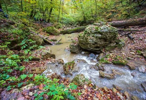 The source of the river, a walk along the riverbed with an overview of the ca Stock Photos