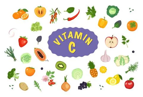 Source of vitamin C. Set of icons of vegetables, fruits and herbs. set of Stock-Illustration