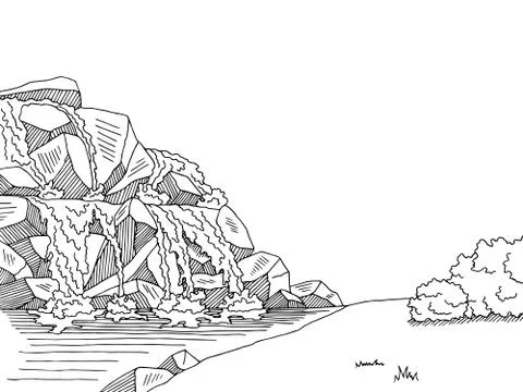 Source waterfall graphic art black white landscape sketch illustration vector Stock Illustration