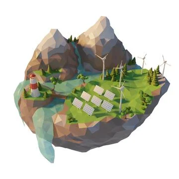 Sources generation clean energy. Wind farm on floating island 3d render. Stock Illustration