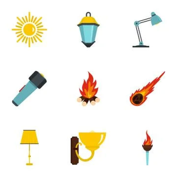 Sources of light icon set, flat style 스톡 일러스트