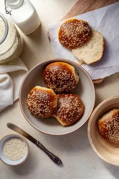 Sourdough buns in a baking round pan, top view Stock Photos