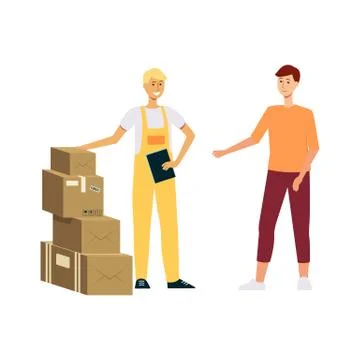 Сourier in overalls delivering a stack of boxes to man cartoon style 스톡 일러스트