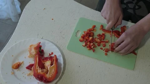 Sous chef dicing red bell pepper Stock Footage 339972945