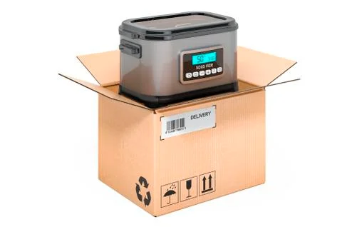 Sous vide machine inside cardboard box, delivery concept. 3D rendering Stock Illustration