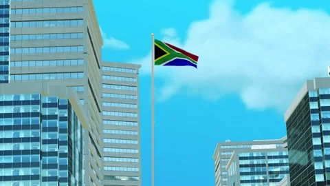 South Africa Flag 3D Render Animation with Urban Architecture and Clear Blue Video stock 332944984