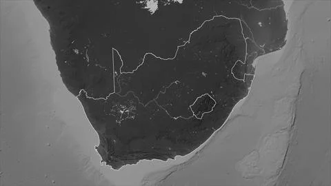 South Africa outlined on a Grayscale elevation map with lakes and rivers Illustrazione stock